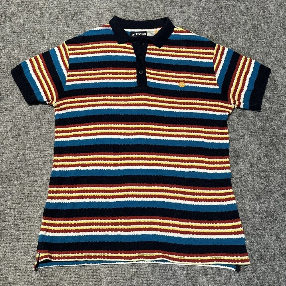 AMBSN California Polo Shirt Mens Medium Striped Knit Polo Cali West Coast - Picture 1 of 15